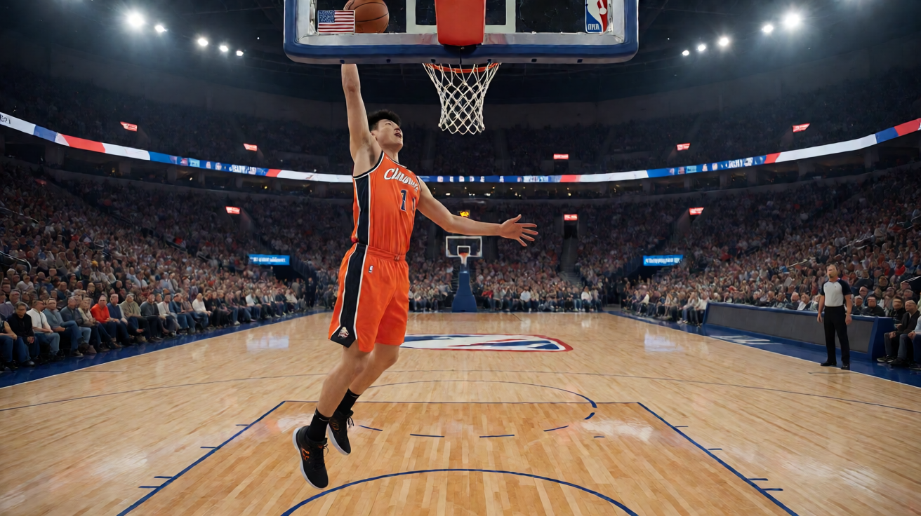 NBA篮球比赛现场，球员在空中扣篮的精彩瞬间