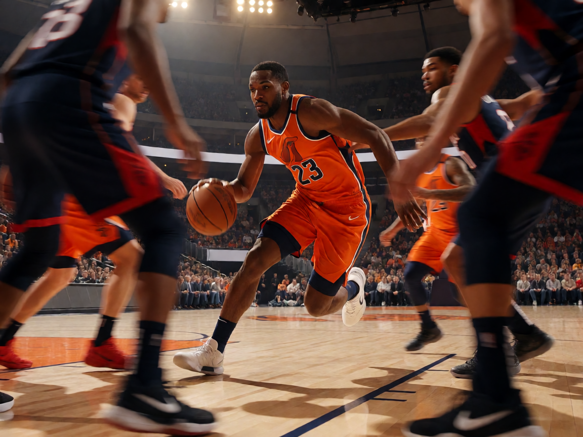 NBA篮球比赛现场，球员在球场上激烈对抗