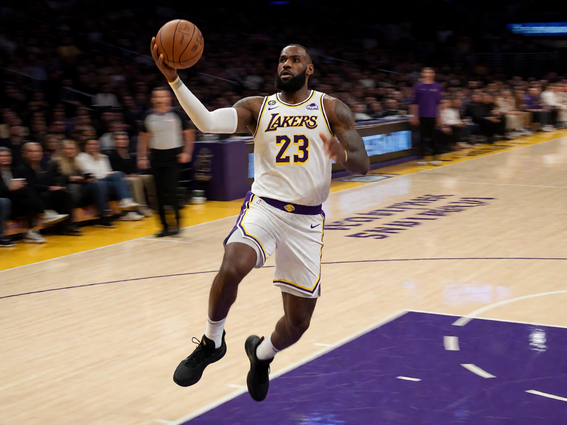 NBA比赛中湖人队球员突破上篮瞬间